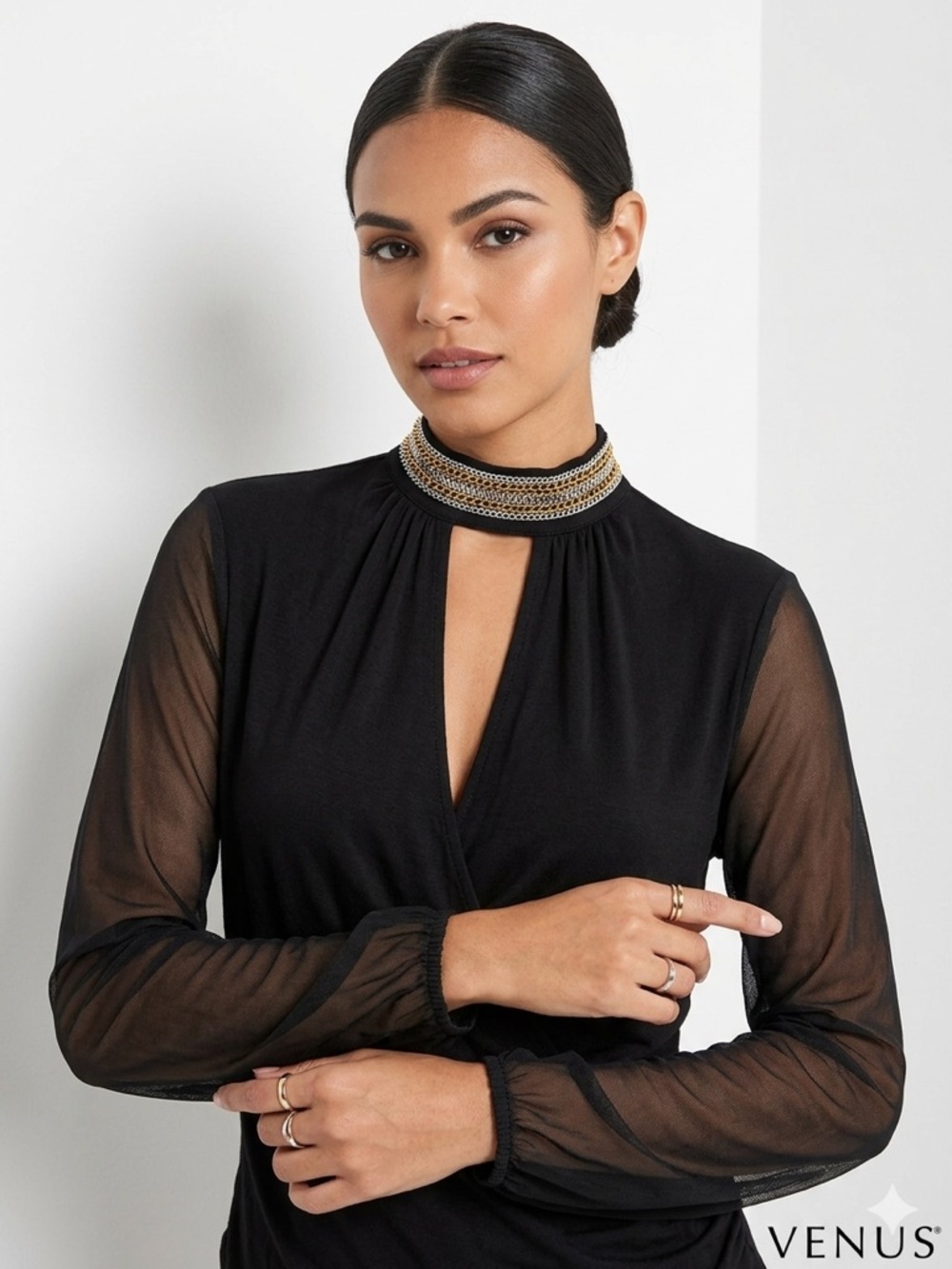 VENUS Black Sheer Mesh Sleeve Mock Neck Chain Collar Top XS